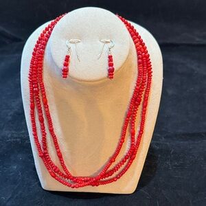 Jay King Red Coral 3-Strand Necklace & Earring Set -Sterling -17-18”